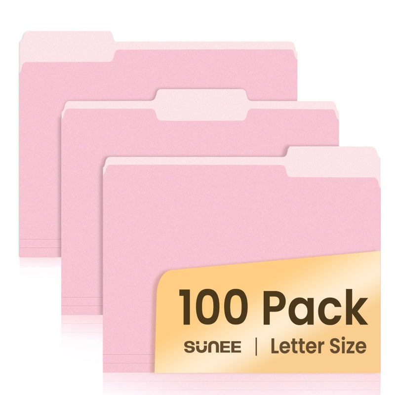 SUNEE File Folders Letter Size Pink, 100 Pack Manilla Folders 8.5 x 11 1/3-Cut Tabs, Colored File Folders Office Home School for Documents Files Paper - Image 1